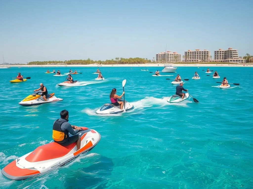 Water sports activities at Banana Island Qatar including jet skis and paddleboards