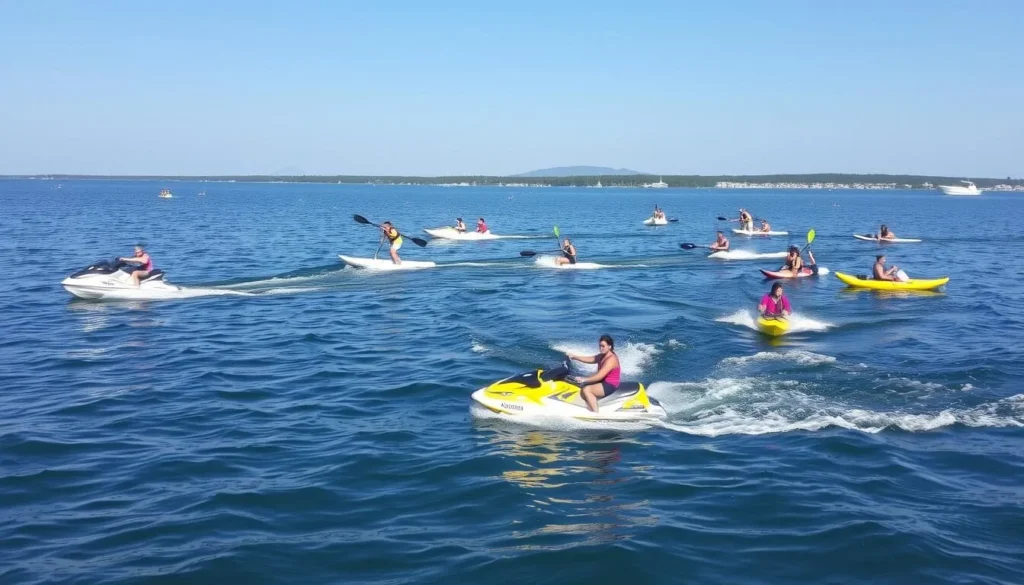 Water sports activities at Lake Kacha including jet skiing and paddleboarding