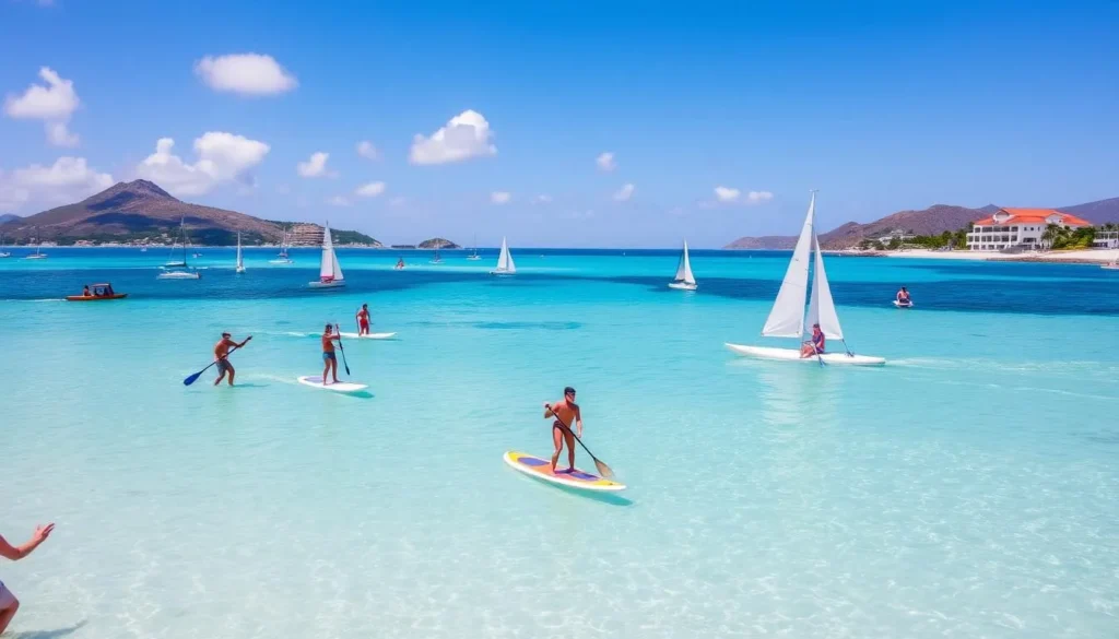 Water sports activities at St. Jean Beach with paddleboarders and sailboats