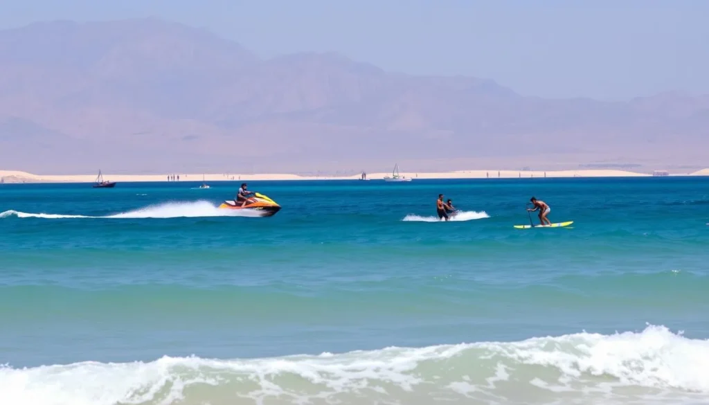 Water sports activities on M'diq Morocco beach with mountains in background
