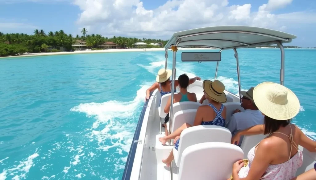 Water taxi approaching West Bay Beach Honduras with passengers