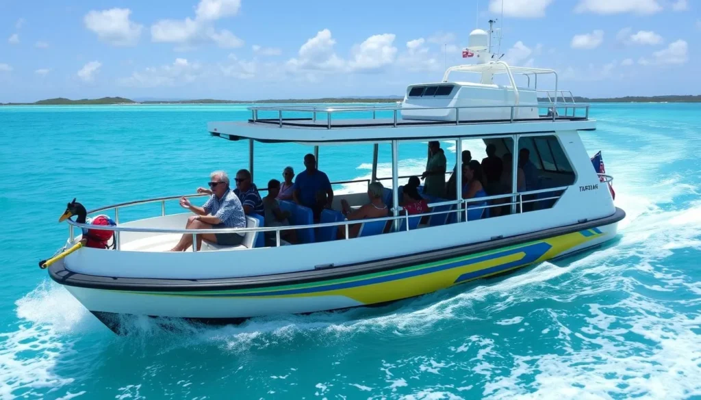Water taxi transporting tourists between Bahamas islands on a clear sunny day