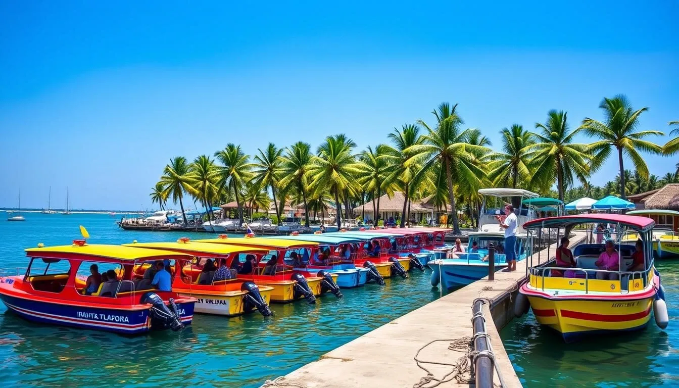 Water taxis lined up at Playa Linda pier ready to take visitors to Isla Ixtapa, Mexico