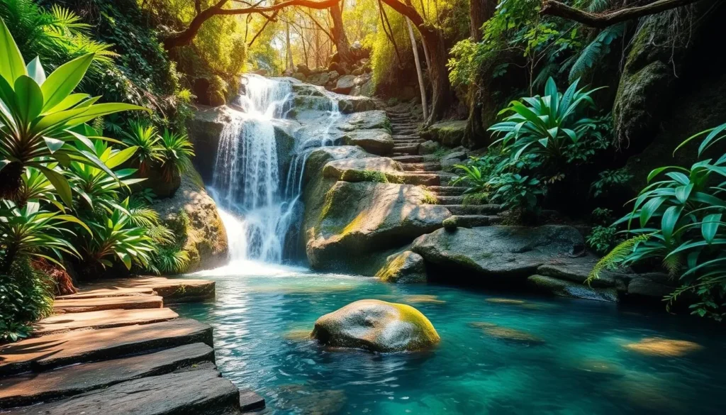 Waterfall cascading through lush vegetation in Barranca del Cupatitzio National Park in Uruapan