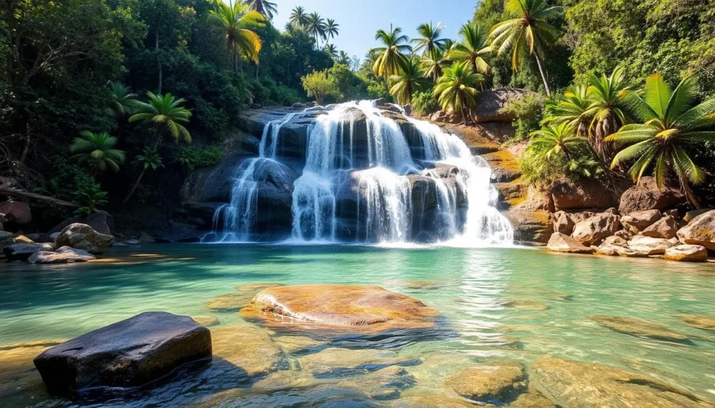 Waterfall in Alejandro de Humboldt National Park during the dry season with clear water and lush surroundings