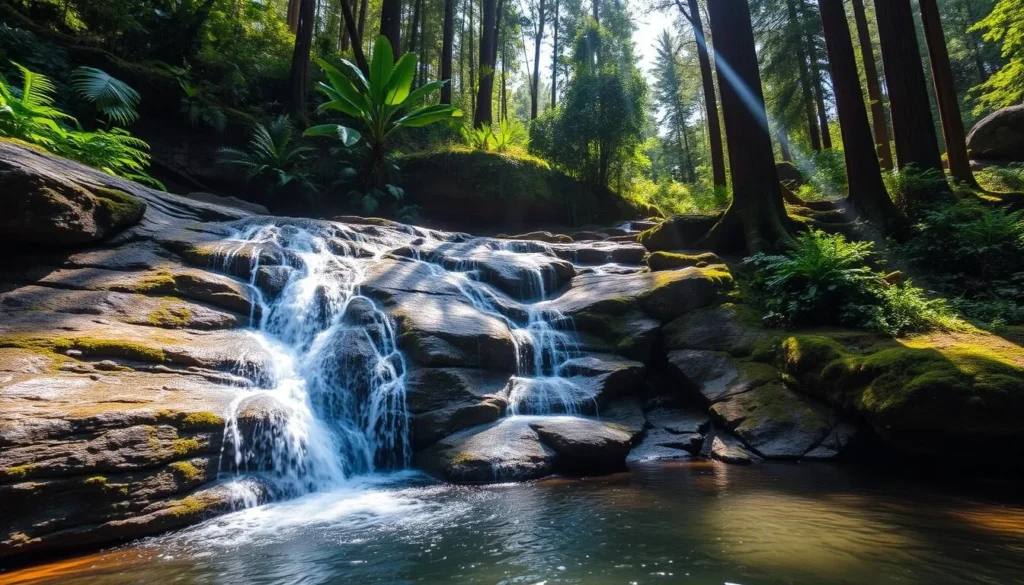 Waterfall in Bukit Duabelas National Park with clear water cascading over rocks