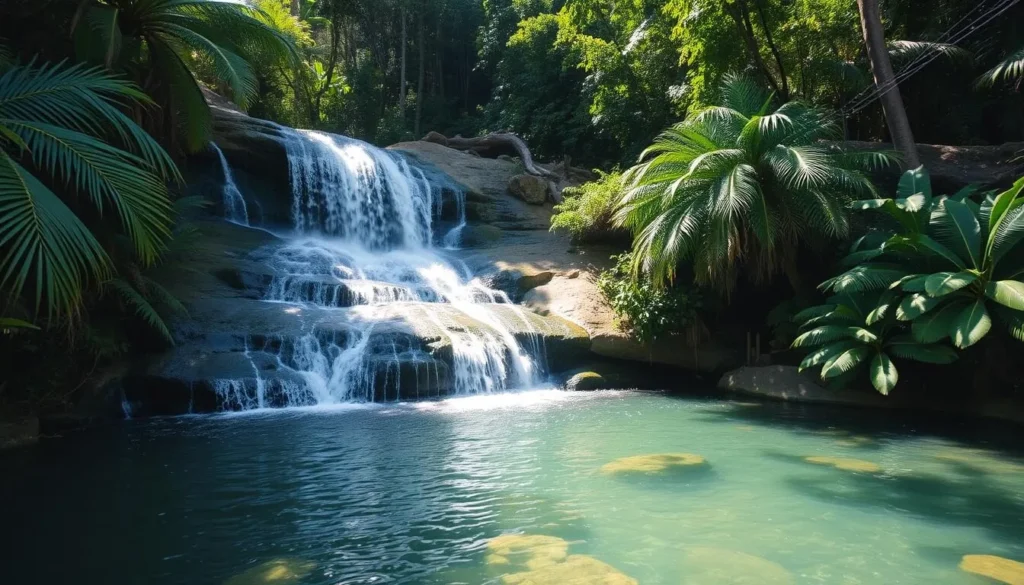 Waterfall in Cockscomb Basin Wildlife Sanctuary with natural swimming pool surrounded by rainforest Waterfall in Cockscomb Basin Wildlife Sanctuary with natural swimming pool surrounded by rainforest