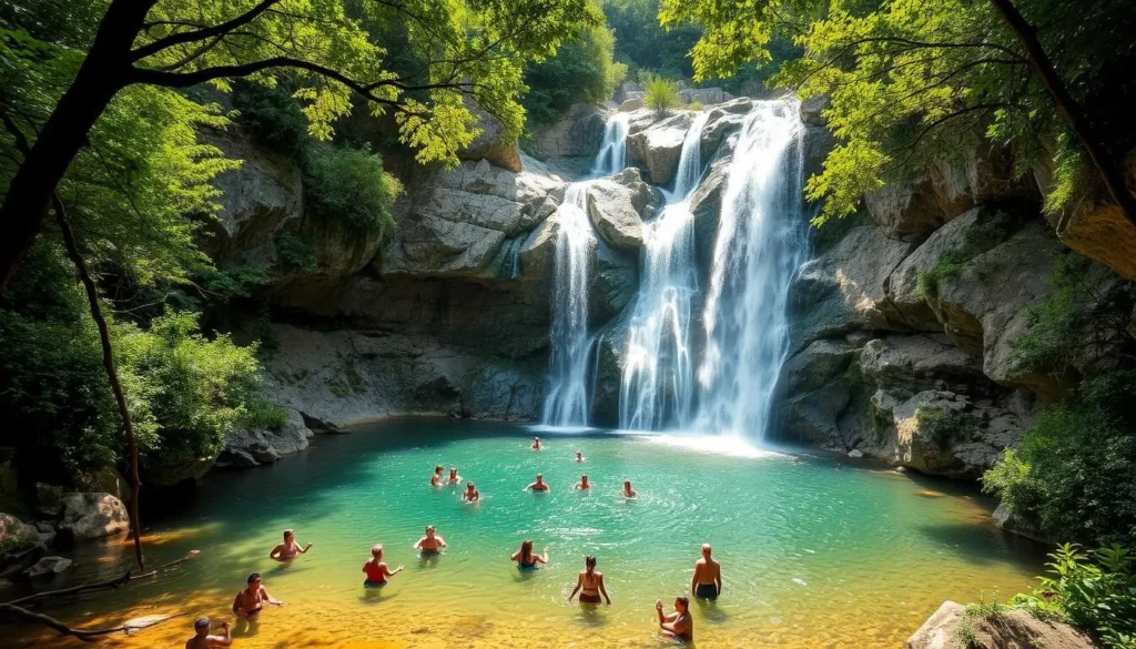 Waterfall in Harau Valley with people swimming in the natural pool below