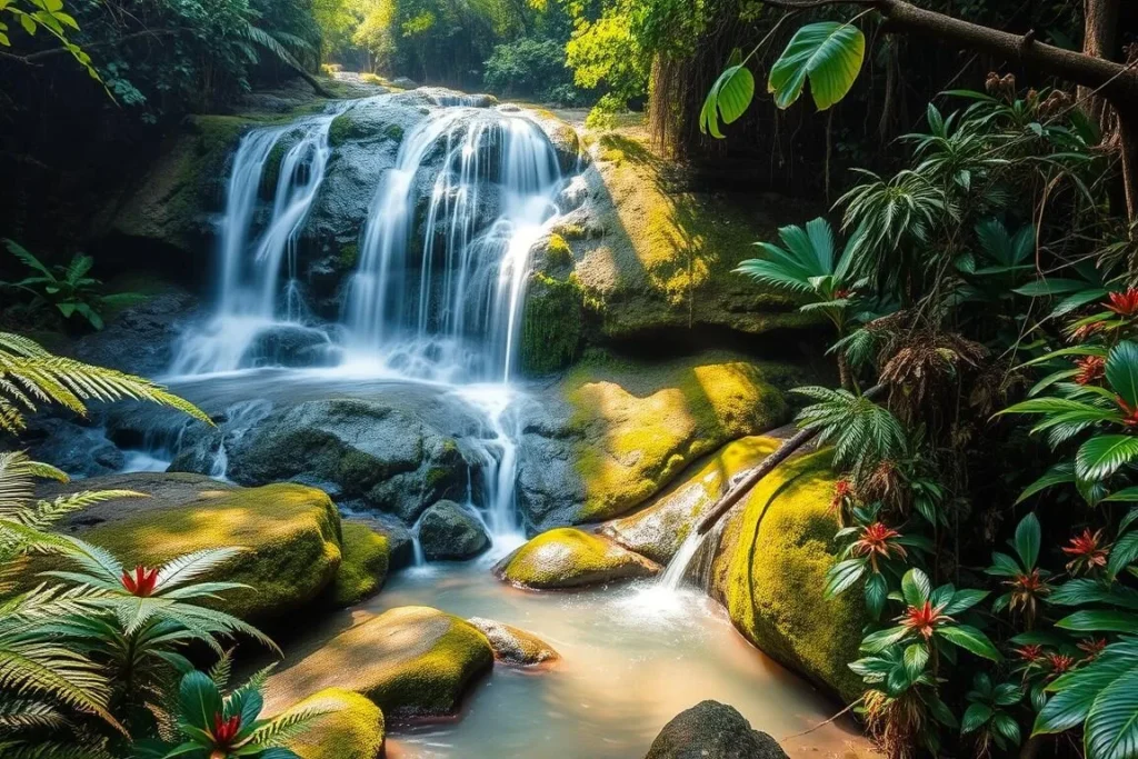 Waterfall in Montana Santa Barbara National Park surrounded by lush vegetation Waterfall in Montana Santa Barbara National Park surrounded by lush vegetation