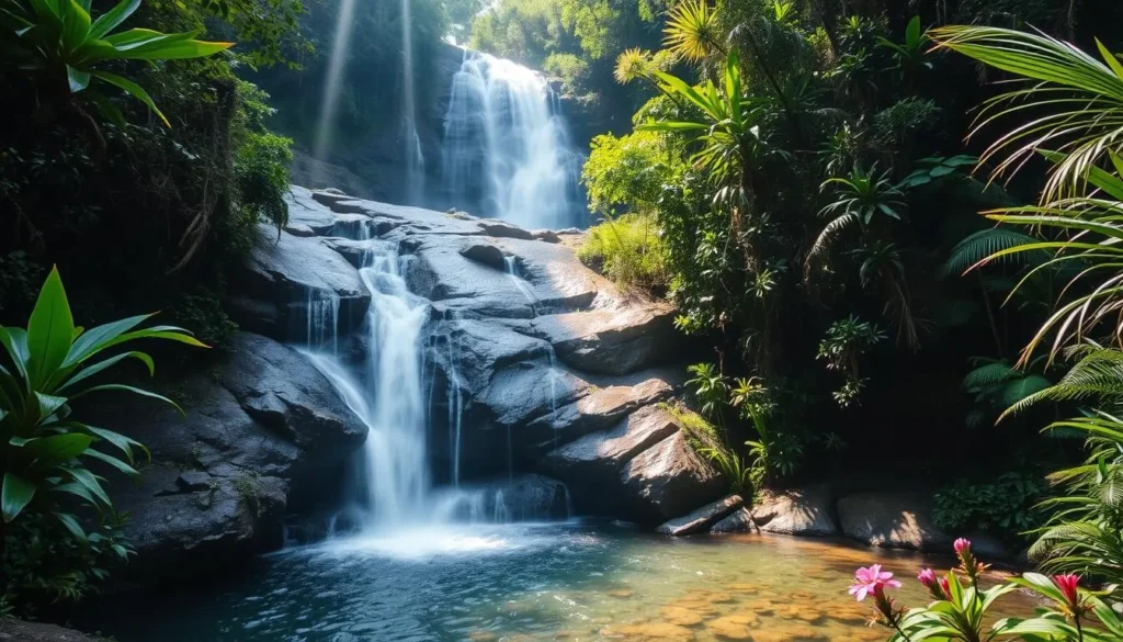 Waterfall in Omoa National Park during rainy season with lush vegetation