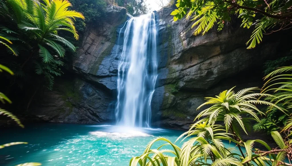 Waterfall in Sierra de Agalta National Park with swimming pool below
