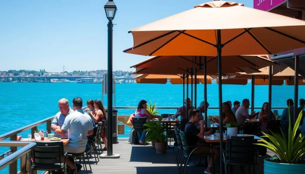 Waterfront dining in Benicia with views of the Carquinez Strait and outdoor seating at a local restaurant Waterfront dining in Benicia with views of the Carquinez Strait and outdoor seating at a local restaurant