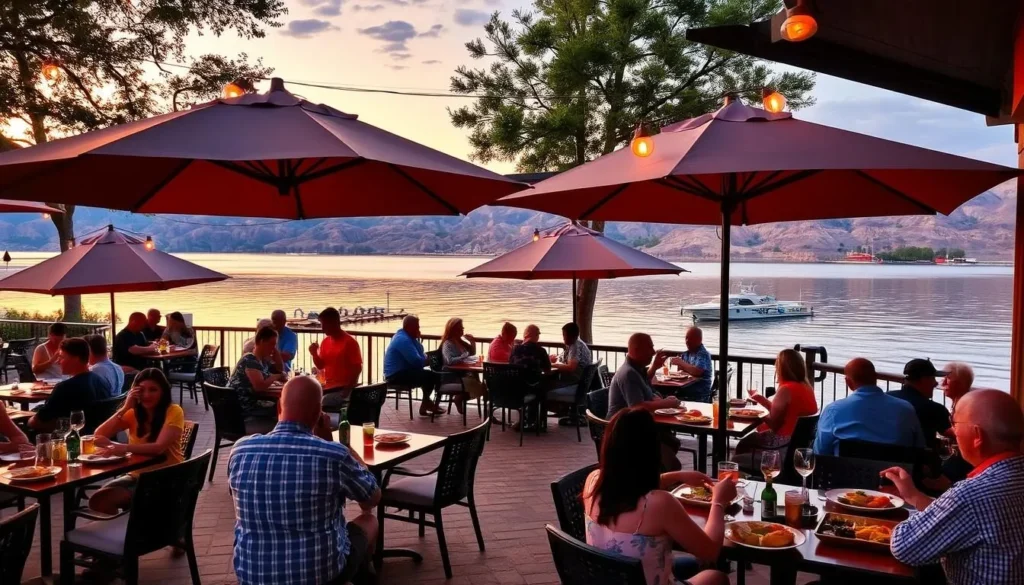 Waterfront restaurant at Canyon Lake with diners enjoying meals on a patio overlooking the water