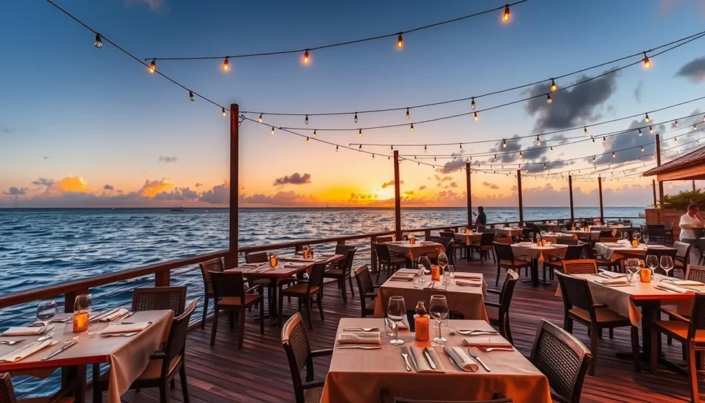 Waterfront restaurant in Kralendijk with tables overlooking the Caribbean Sea at sunset Waterfront restaurant in Kralendijk with tables overlooking the Caribbean Sea at sunset