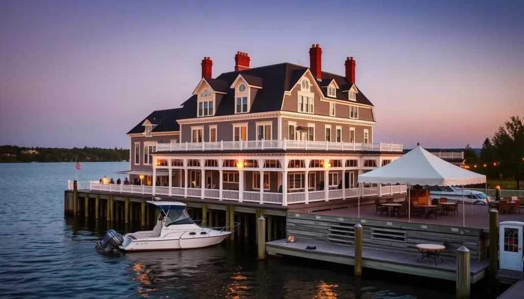 Waterfront view of the historic Gananoque Inn & Spa on the St. Lawrence River