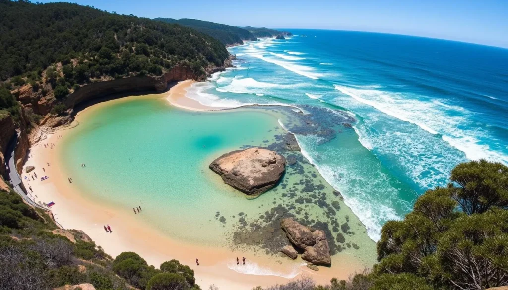Wattamolla Beach and lagoon area in Royal National Park showing both the beach and freshwater lagoon