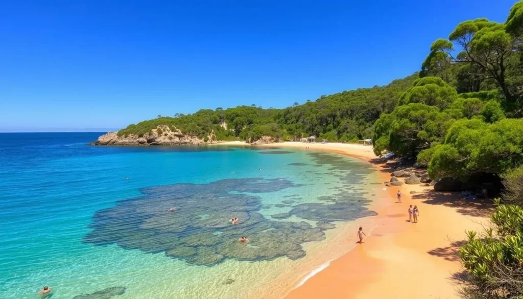 Wattamolla Beach in Royal National Park during summer with clear blue skies and people enjoying the lagoon