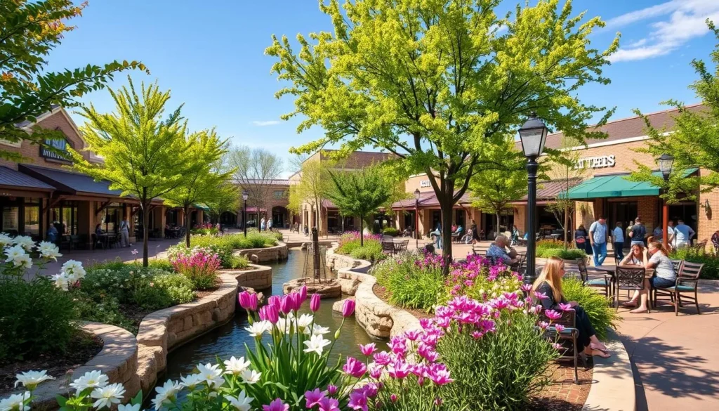 Watters Creek in Allen, Texas during spring with blooming flowers and green trees