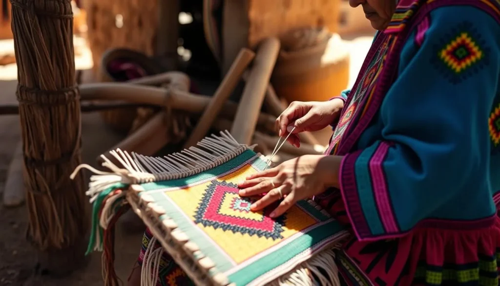Wayuu woman weaving traditional colorful mochila bags in La Guajira