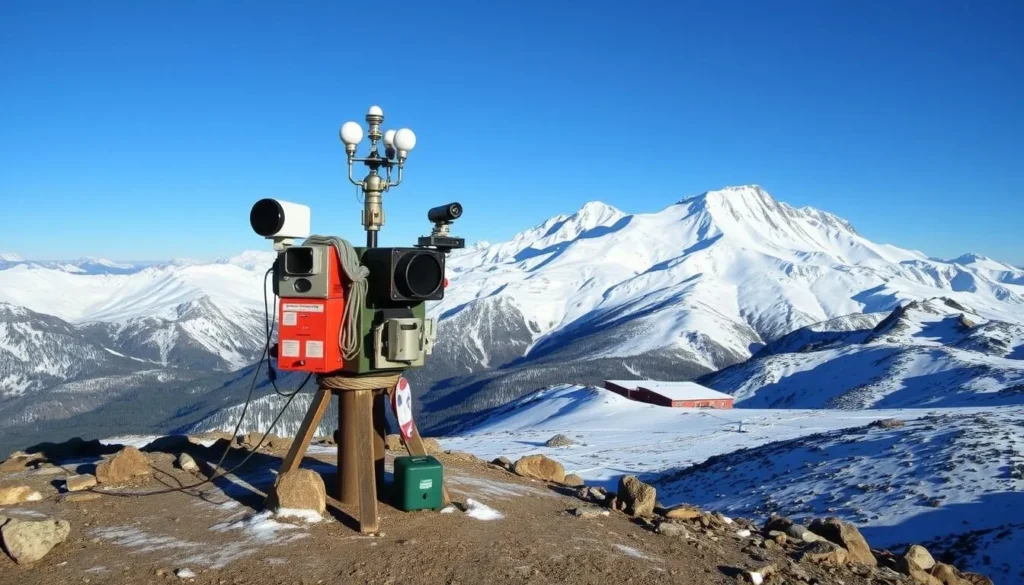 Weather monitoring station at Powderhorn Mountain with snow-capped peaks