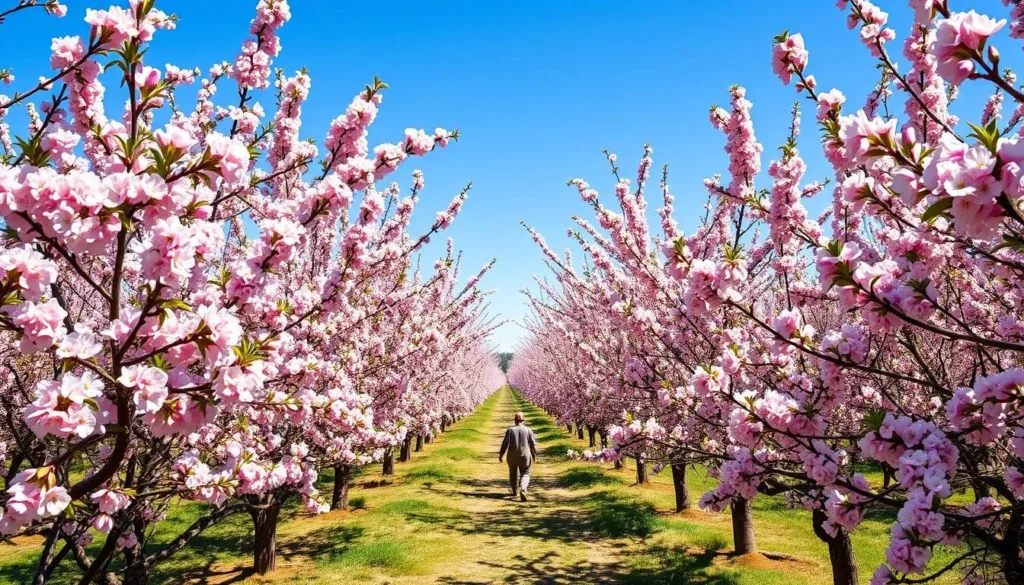Weatherford peach orchard in bloom during spring with pink blossoms Weatherford peach orchard in bloom during spring with pink blossoms