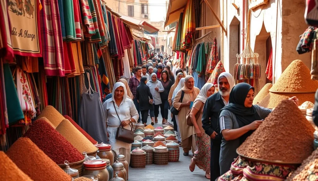 Weekly souk in Tiznit showing colorful textiles, spices, and local shoppers