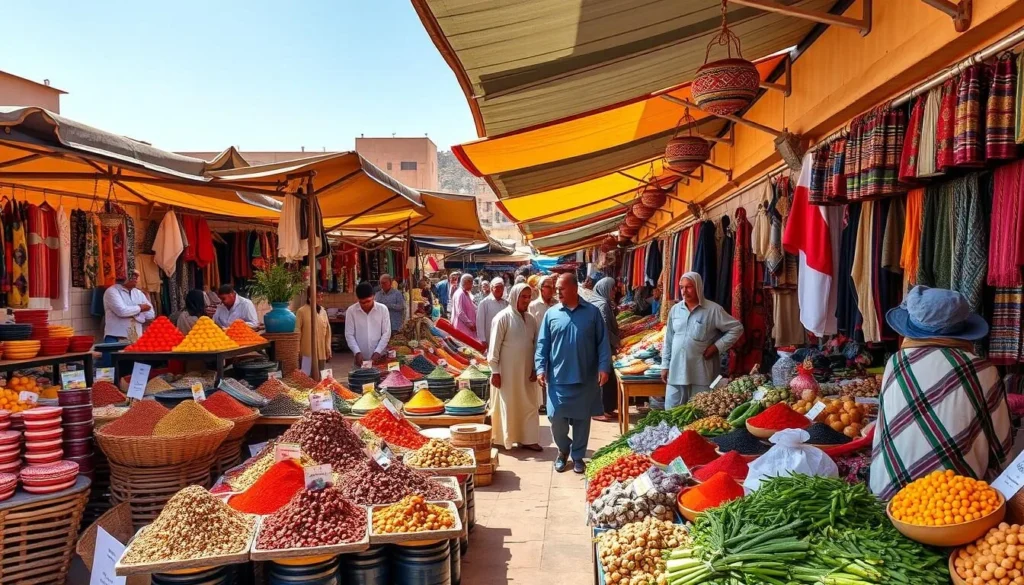 Weekly souk (market) in Ksar El Kebir with colorful displays of local produce and goods