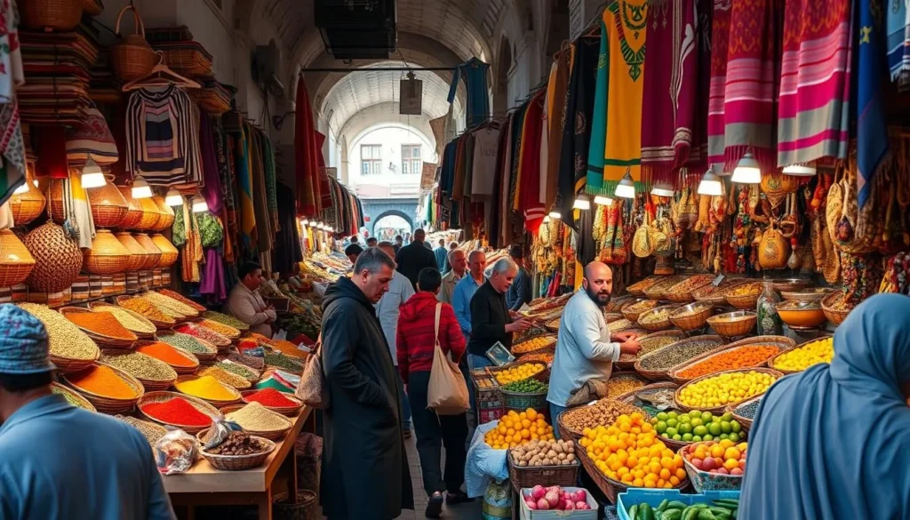 Weekly souk (market) in Lqliaa with colorful displays of spices, textiles and crafts