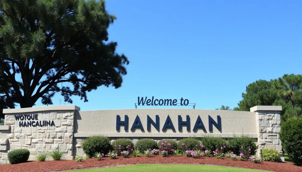 Welcome sign to Hanahan, South Carolina with landscaped entrance