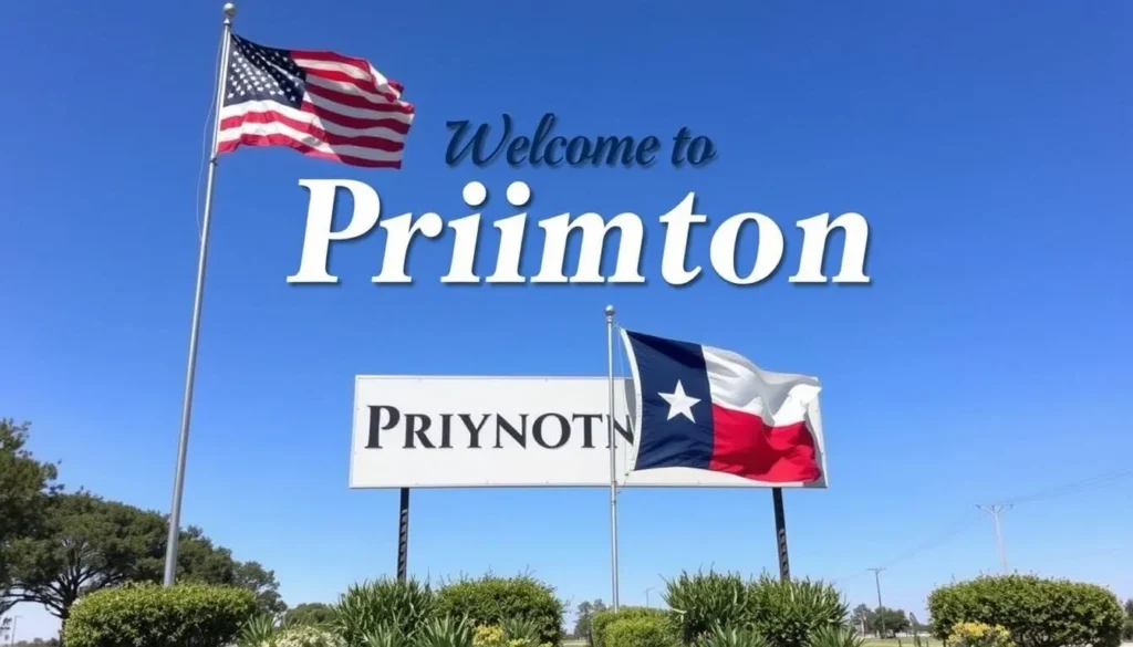 Welcome sign to Princeton, Texas with American flag and Texas flag Welcome sign to Princeton, Texas with American flag and Texas flag