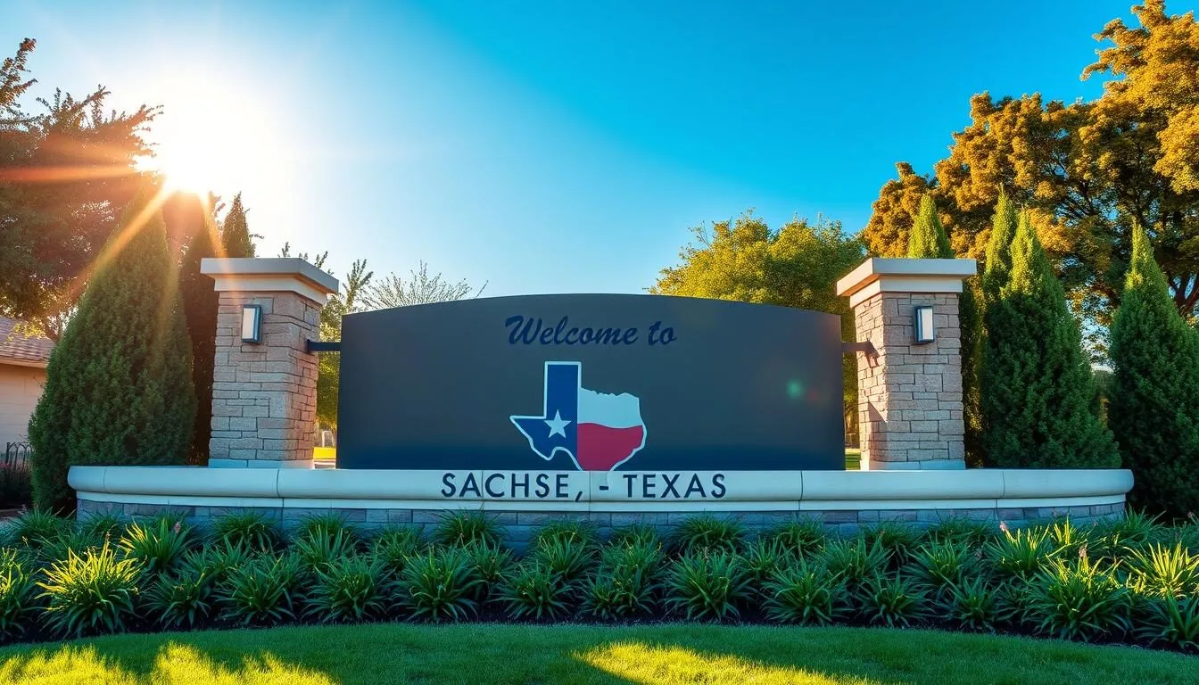 Welcome-sign-to-Sachse-Texas-with-blue-sky-and-greenery Welcome sign to Sachse, Texas with blue sky and greenery