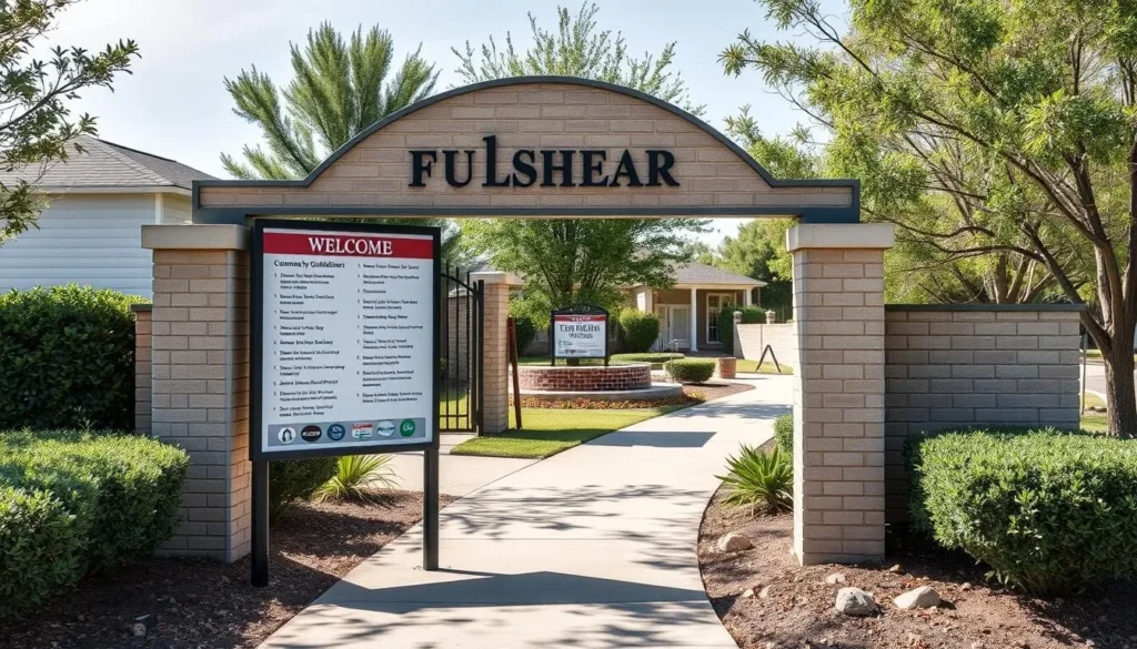 Welcome sign to a Fulshear Texas neighborhood with safety information Welcome sign to a Fulshear Texas neighborhood with safety information