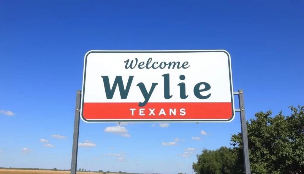 Welcome to Wylie Texas road sign with blue sky and Texas landscape in the background