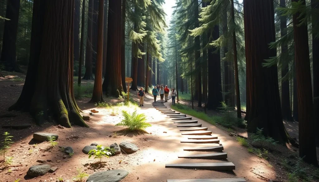 Well-maintained hiking trail through Richardson Grove redwood forest