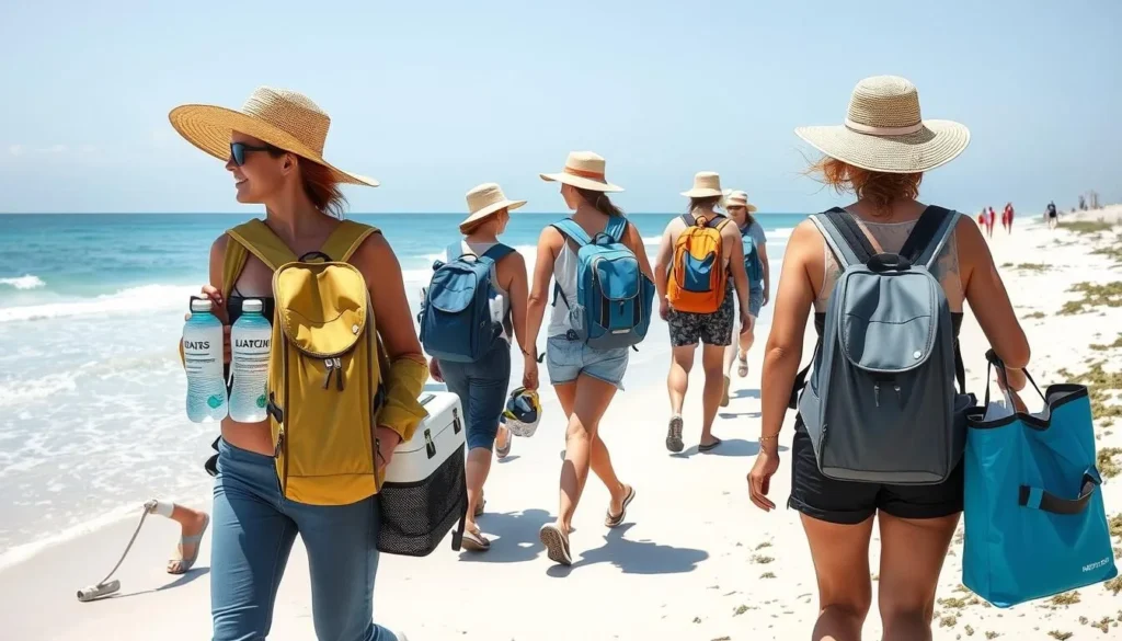 Well-prepared visitors on San Jose Island with essential gear including sun protection, water bottles, and proper footwear