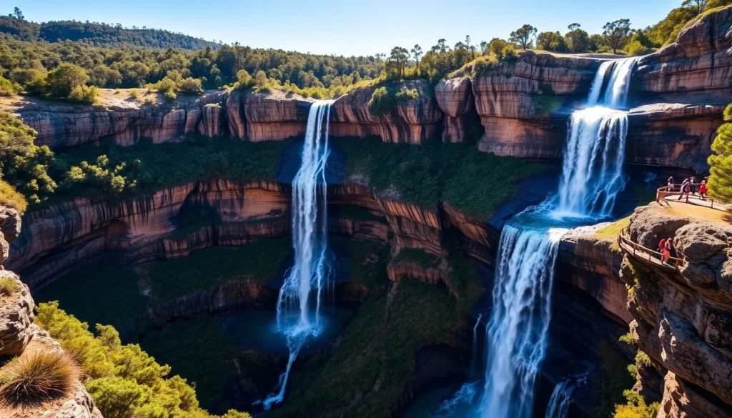 Wentworth Falls cascading down multiple tiers with hikers viewing from lookout platform Wentworth Falls cascading down multiple tiers with hikers viewing from lookout platform