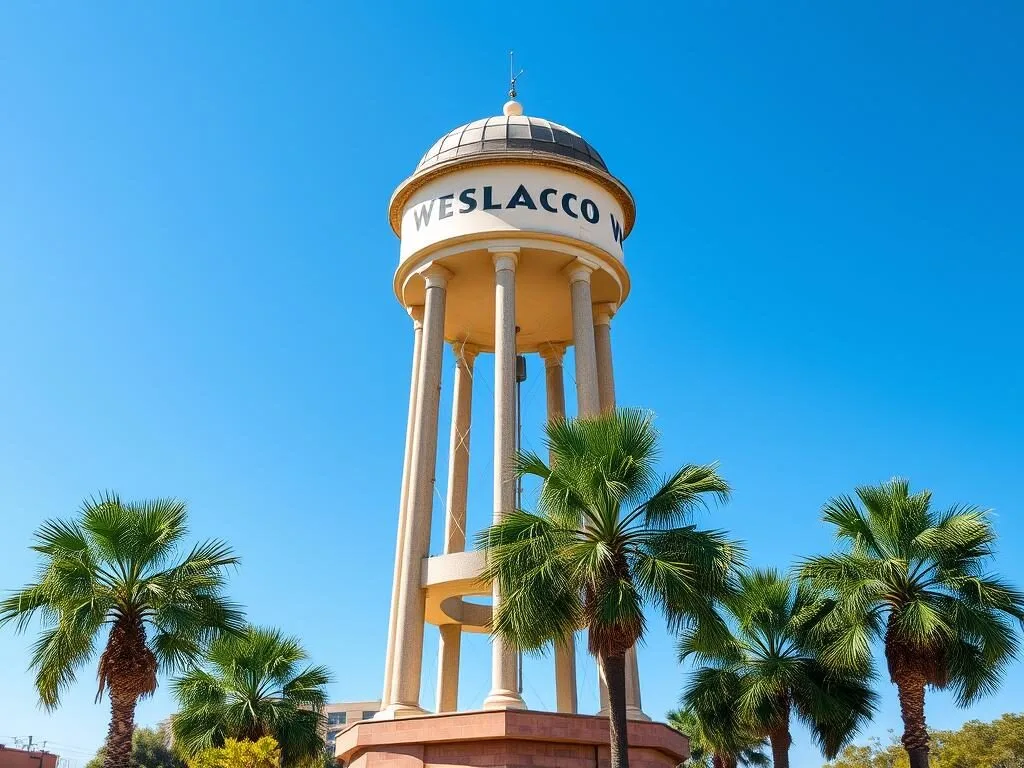 Weslaco Water Tower standing tall against blue sky, an iconic city landmark Weslaco Water Tower standing tall against blue sky, an iconic city landmark
