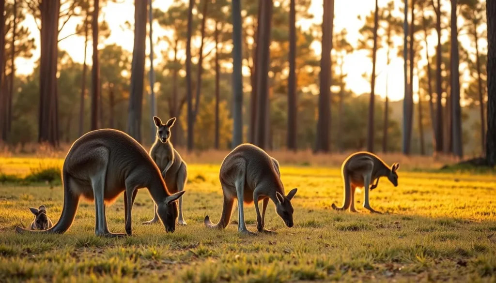 Western Grey Kangaroos grazing in a clearing at Mount Crawford Forest at sunset in South Australia