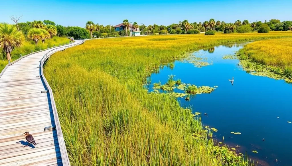 Wetlands and nature trails in San Juan with native birds and vegetation