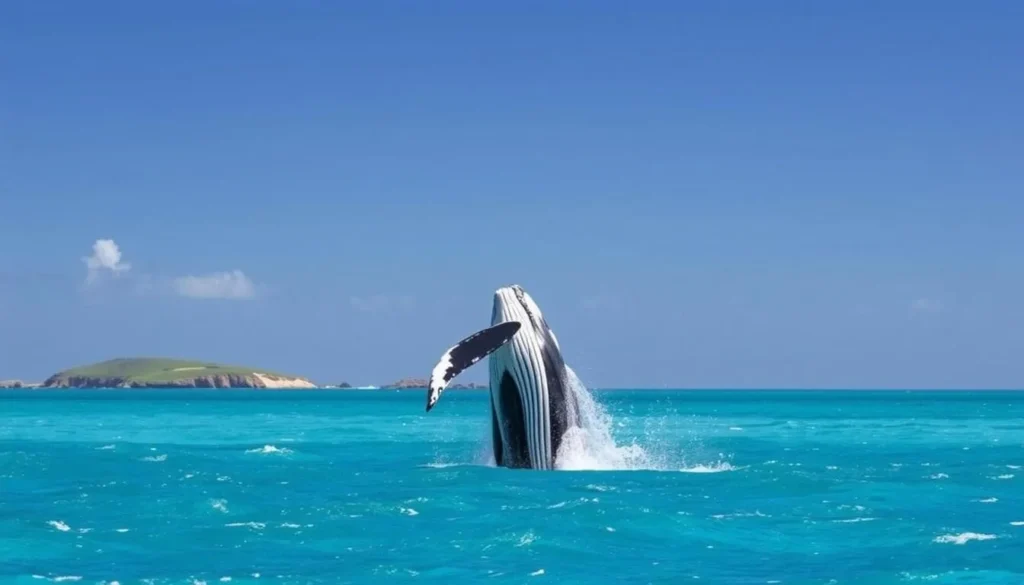 Whale breaching near Broulee Island Nature Reserve during migration season