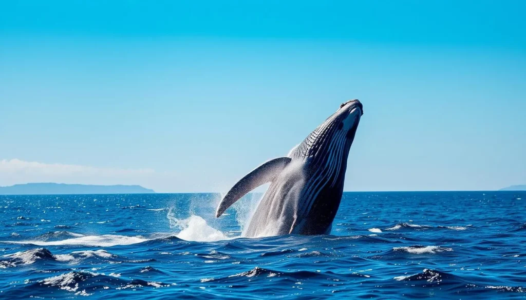 Whale breaching near Merimbula coast during migration season