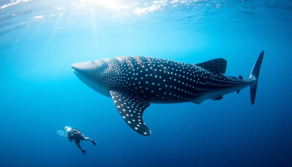Whale shark swimming near a snorkeler in the waters off Utila, Bay Islands Honduras