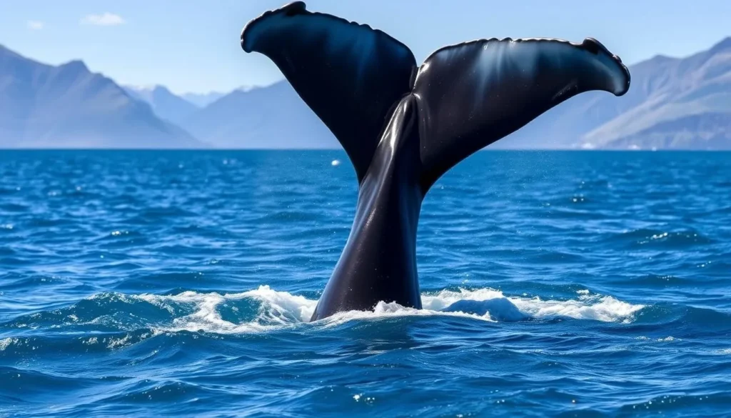 Whale watching in Kaikoura with a sperm whale's tail (fluke) visible above water with mountains in background
