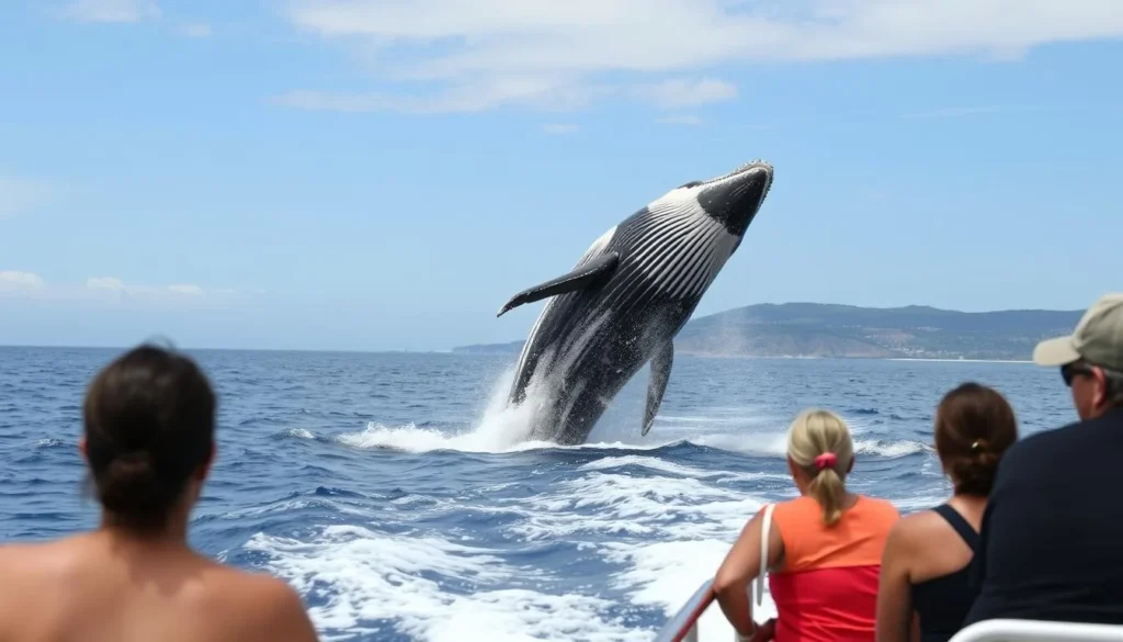 Whale watching tour near Playas Ecuador with humpback whale breaching Whale watching tour near Playas Ecuador with humpback whale breaching