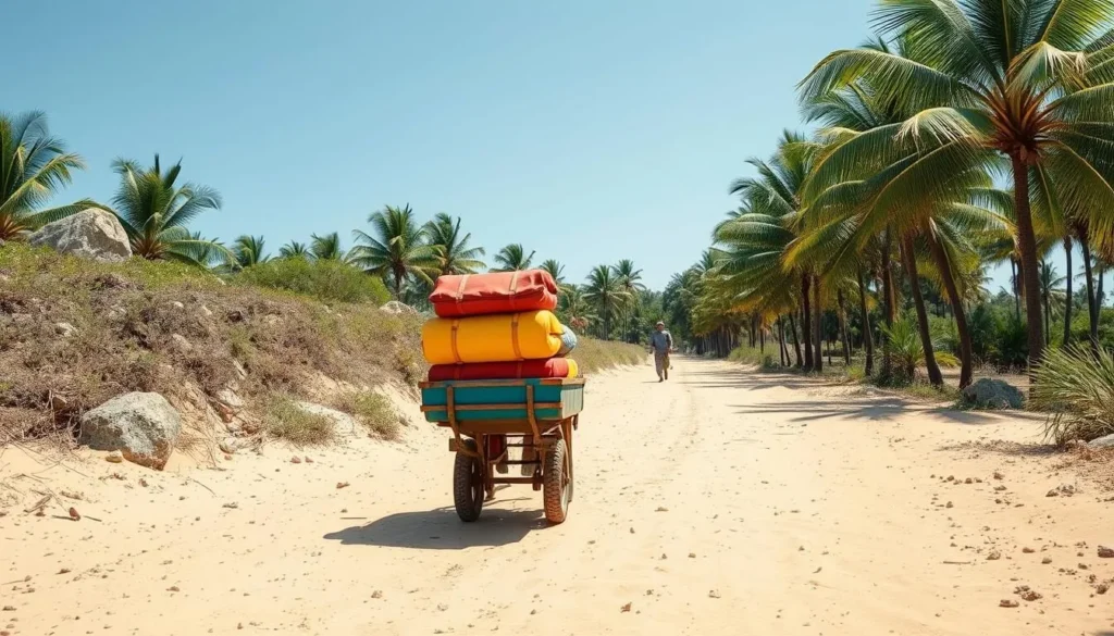 Wheelbarrow transporting luggage on sandy path in Morro de Sao Paulo