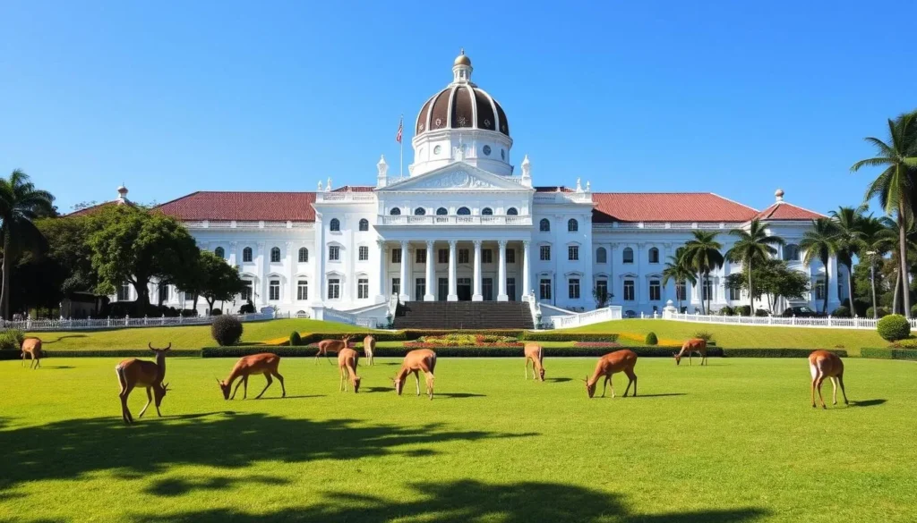 White colonial building of Bogor Presidential Palace with deer grazing on the lawn - historical site in Bogor, Indonesia