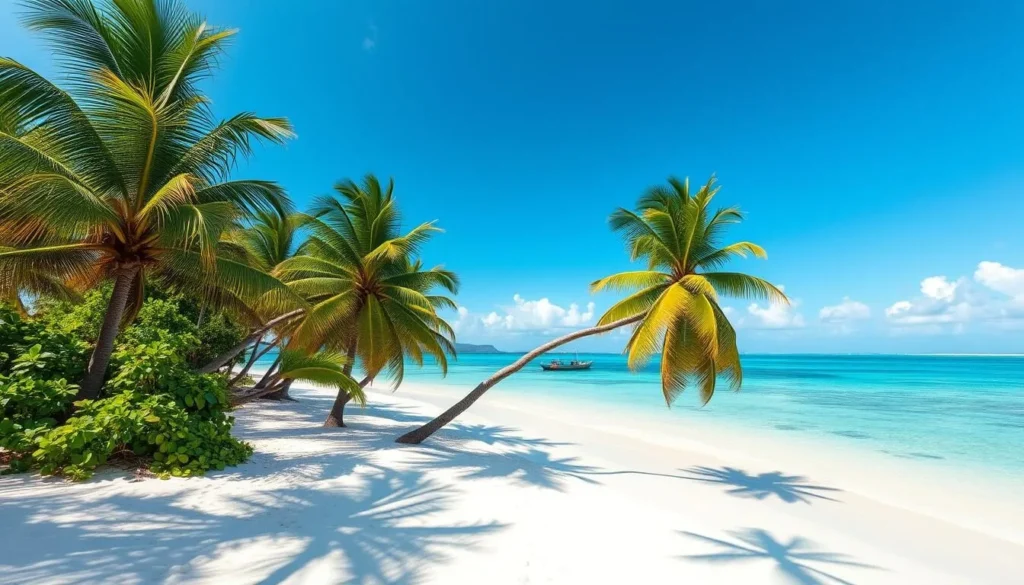 White sand beach with palm trees and clear waters on Tinabo Island