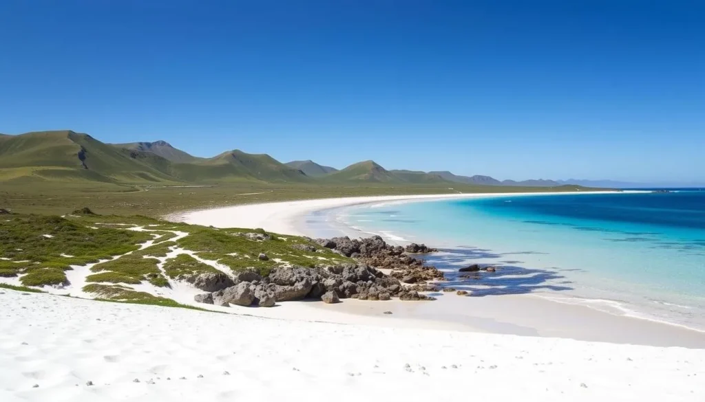 White sandy beach at Leopard Beach on Carcass Island with turquoise waters