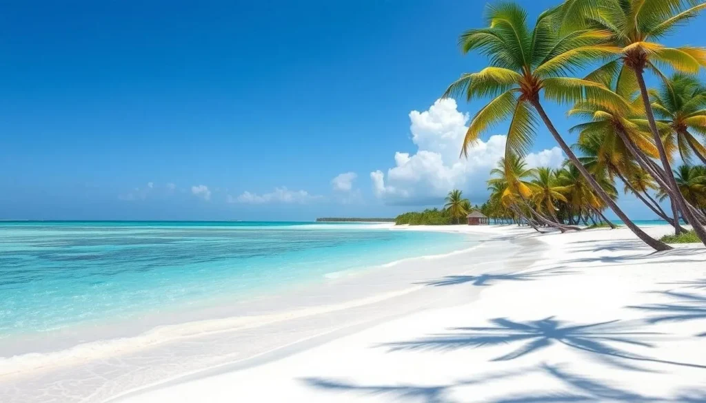 White sandy beach with palm trees at Half Moon Caye, Belize