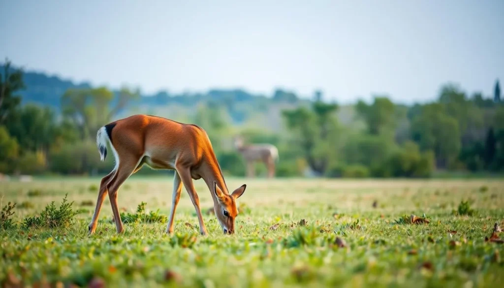 White-tailed deer grazing in a clearing at Cleburne State Park